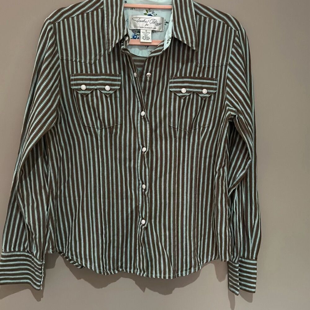 Tasha Polizzi Brown and White Striped Button Down Shirt